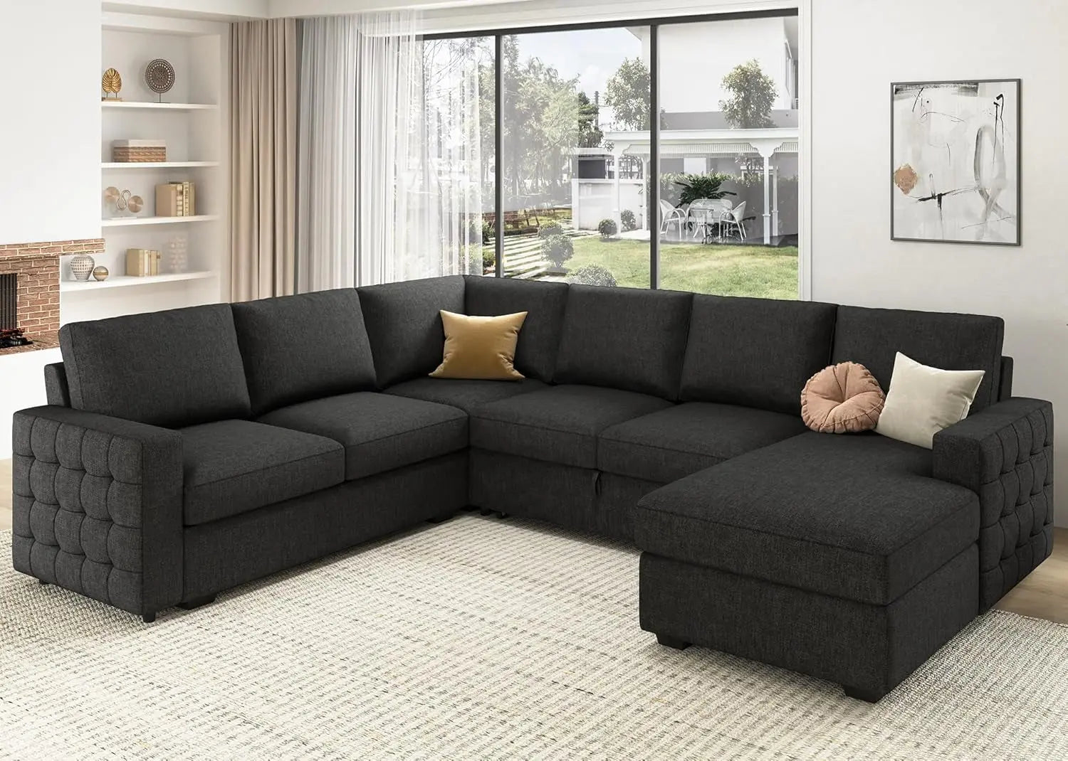 Sectional Sleeper Sofa with Pull Out Bed, Reversible Sectional Sleeper Couch with Storage Chaise U Shape Sectional Sofa, Dark Grey-1