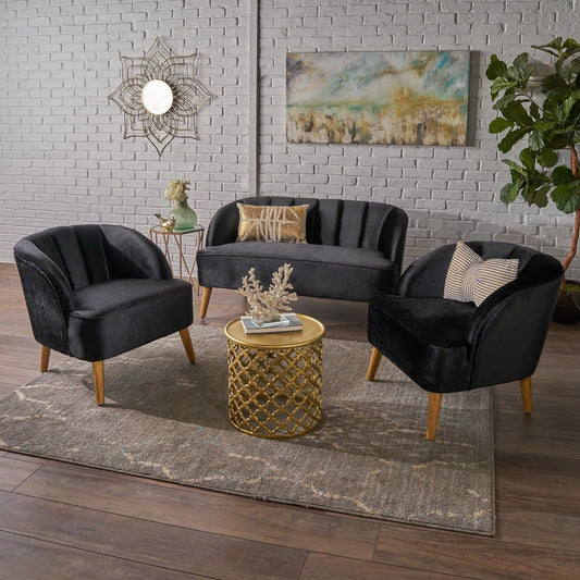 Amaia Modern Velvet Chat Set, 3-Pcs Set, Black / Walnut-0