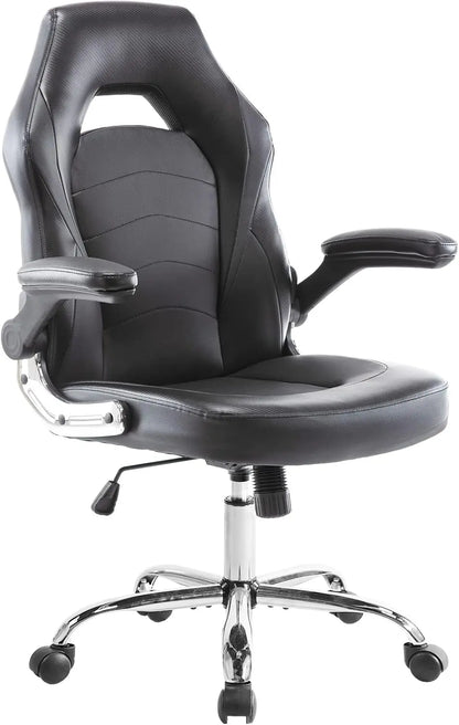 Home Gaming Ergonomic Office Flip-Up Armrest and Height Adjustable Desk Splicing PU Leather Computer Chair with Lumbar Support, Black (3959-BKZ6)-0
