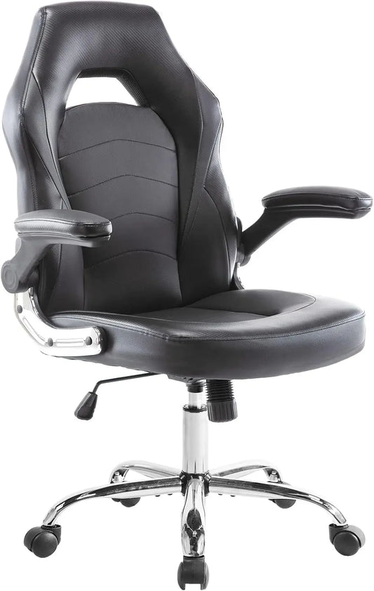 Home Gaming Ergonomic Office Flip-Up Armrest and Height Adjustable Desk Splicing PU Leather Computer Chair with Lumbar Support, Black (3959-BKZ6)-0