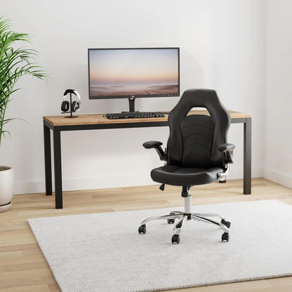 Home Gaming Ergonomic Office Flip-Up Armrest and Height Adjustable Desk Splicing PU Leather Computer Chair with Lumbar Support, Black (3959-BKZ6)-1