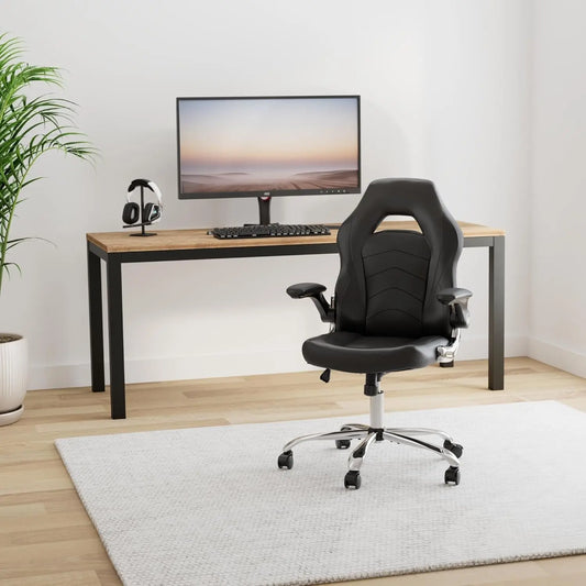 Home Gaming Ergonomic Office Flip-Up Armrest and Height Adjustable Desk Splicing PU Leather Computer Chair with Lumbar Support, Black (3959-BKZ6)-1
