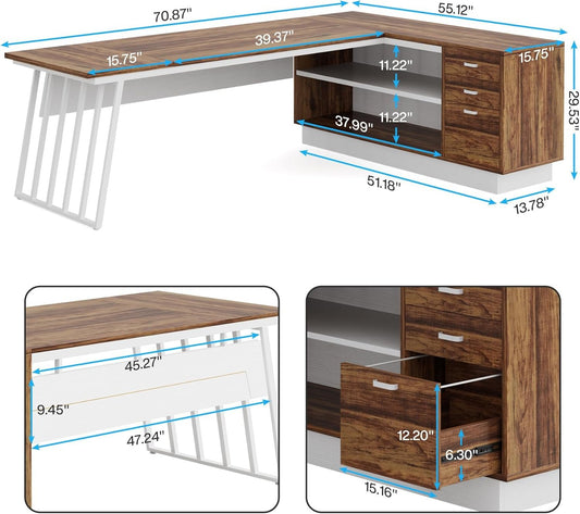 L-Shaped Executive Desk with Storage Drawers and Shelves-1