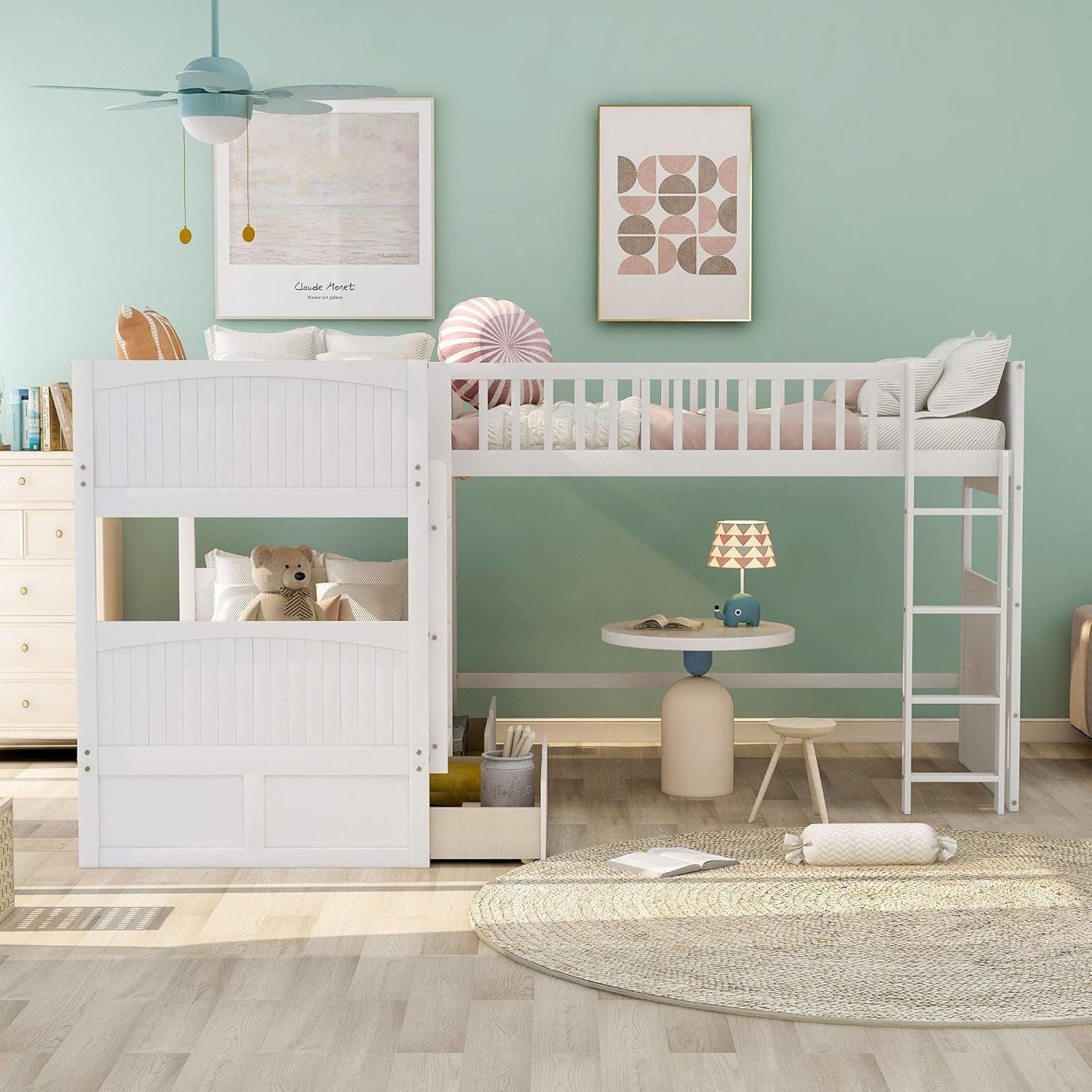 L Shaped Solid Wood Bunk Bed, Twin over Twin over Twin Bed with 2 Drawers and 2 Ladders, Twin Size Bunk Bed with a Loft Bed Attached, White-2