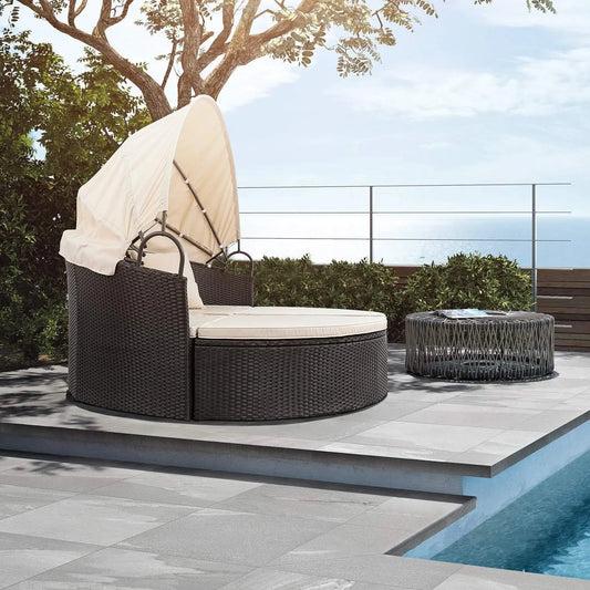 Outdoor Round Daybed Canopy, Wicker, Patio Sectional Sofa-1