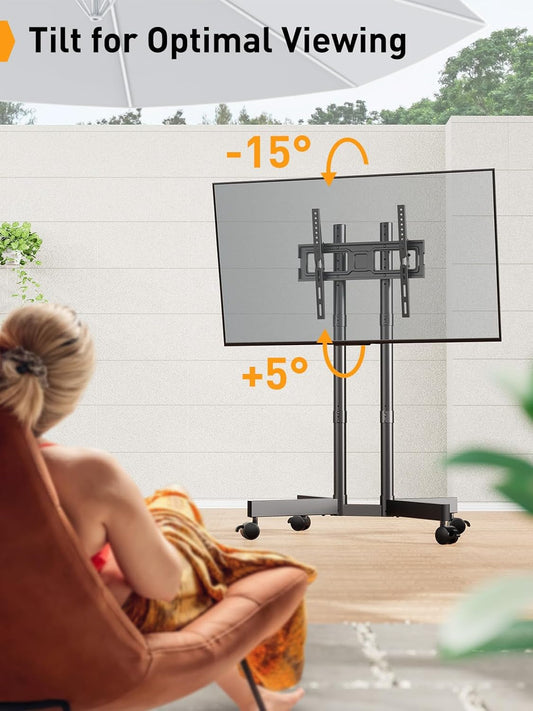 Rolling TV Stand, Mobile TV Stand with Wheels for 32-70 Inch Tvs, Height Adjustable Mobile TV Cart with -15° to +5° Tilt, Outdoor TV Stand for 4K TV Max VESA 400X400Mm up to 88Lbs, PGTVMC14-1