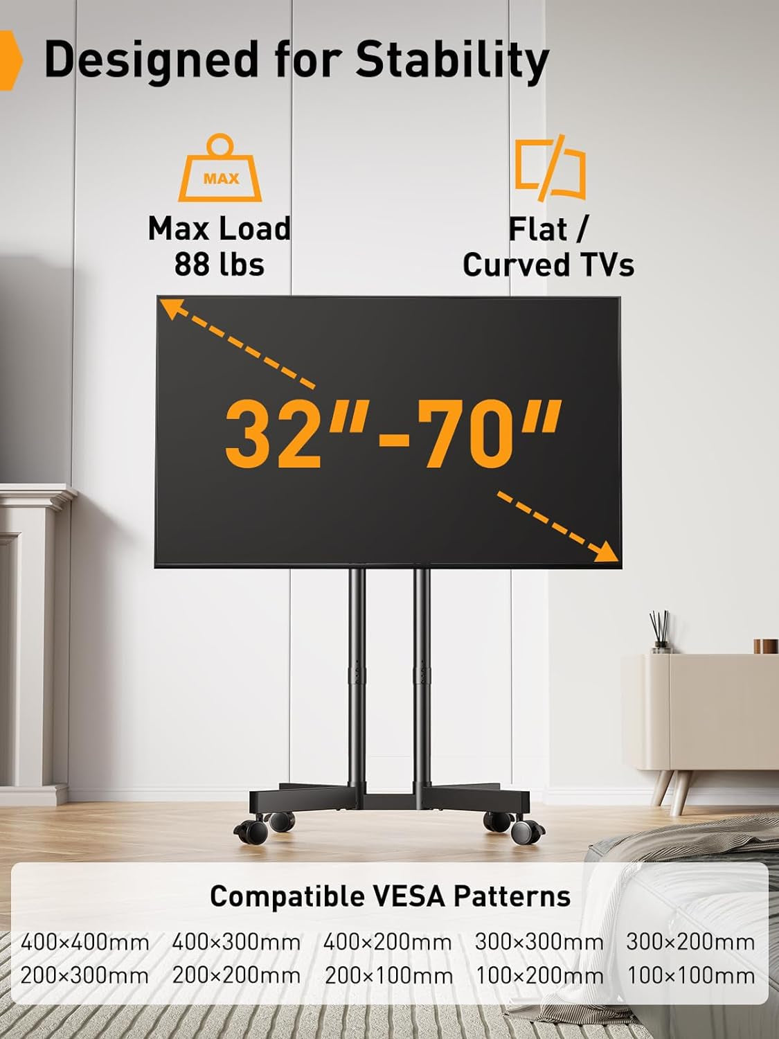 Rolling TV Stand, Mobile TV Stand with Wheels for 32-70 Inch Tvs, Height Adjustable Mobile TV Cart with -15° to +5° Tilt, Outdoor TV Stand for 4K TV Max VESA 400X400Mm up to 88Lbs, PGTVMC14-3