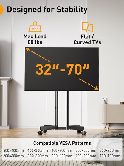 Rolling TV Stand, Mobile TV Stand with Wheels for 32-70 Inch Tvs, Height Adjustable Mobile TV Cart with -15° to +5° Tilt, Outdoor TV Stand for 4K TV Max VESA 400X400Mm up to 88Lbs, PGTVMC14-3