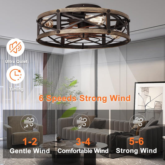 Farmhouse Flush Mount Caged Ceiling Fans with Lights, 6 Speeds, Rustic Low Profile Ceiling Fan with Light and Remote, Small Bladeless Ceiling Fans with Lights for Kitchen, Bedroom-1