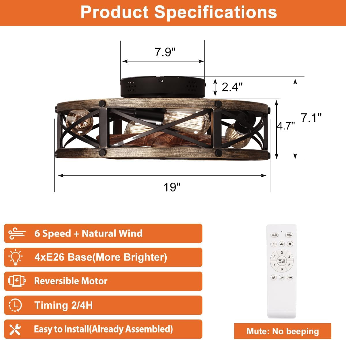 Farmhouse Flush Mount Caged Ceiling Fans with Lights, 6 Speeds, Rustic Low Profile Ceiling Fan with Light and Remote, Small Bladeless Ceiling Fans with Lights for Kitchen, Bedroom-2