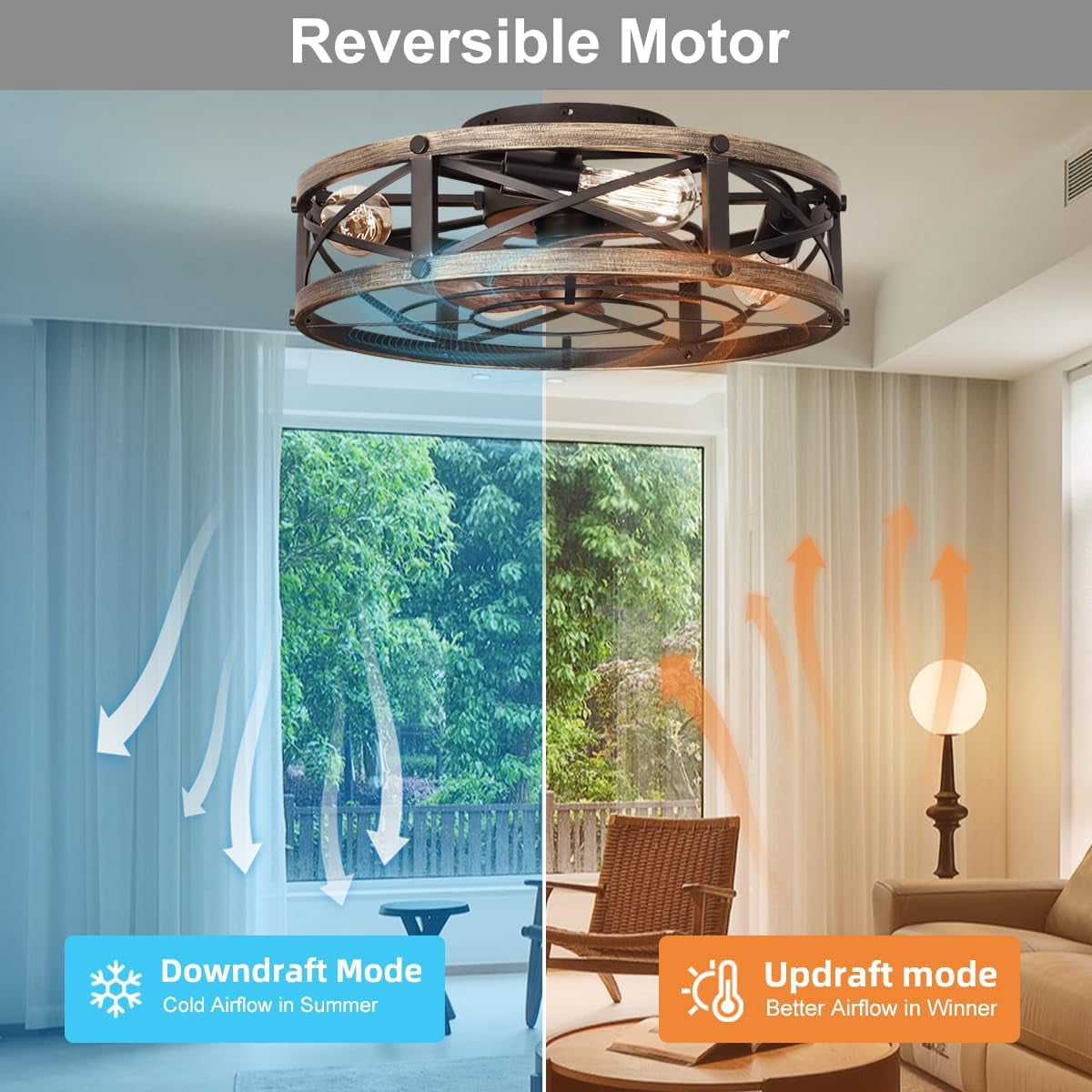 Farmhouse Flush Mount Caged Ceiling Fans with Lights, 6 Speeds, Rustic Low Profile Ceiling Fan with Light and Remote, Small Bladeless Ceiling Fans with Lights for Kitchen, Bedroom-3