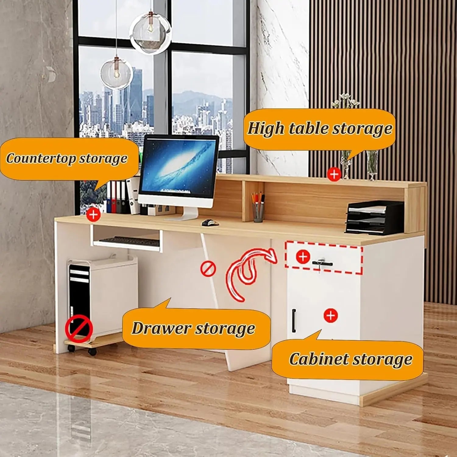Modern Reception Desk with Lockable Drawer and LED Light-4