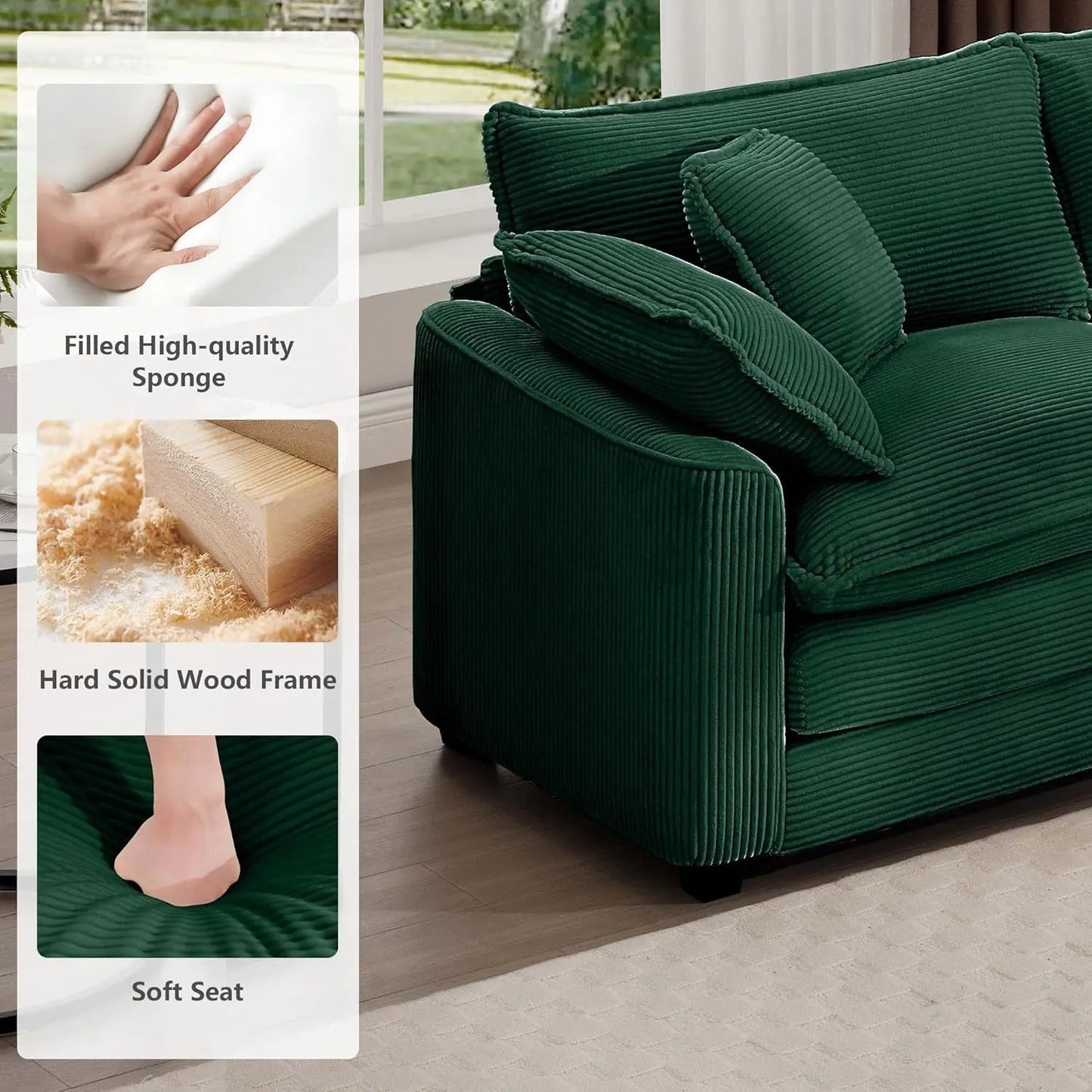 Oversized 2 Piece Sofa Set for Living Room, 3-Seater & Loveseat Couch, Modular Sectional Deep Seat Corduroy Comfy Cloud Couches with 4 Armrest Pillows and 5 Toss Pillows, Green-4