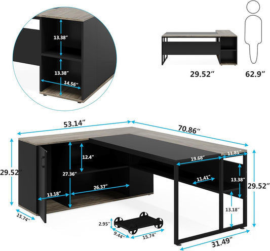71" Gray L-Shaped Executive Desk with Storage-1