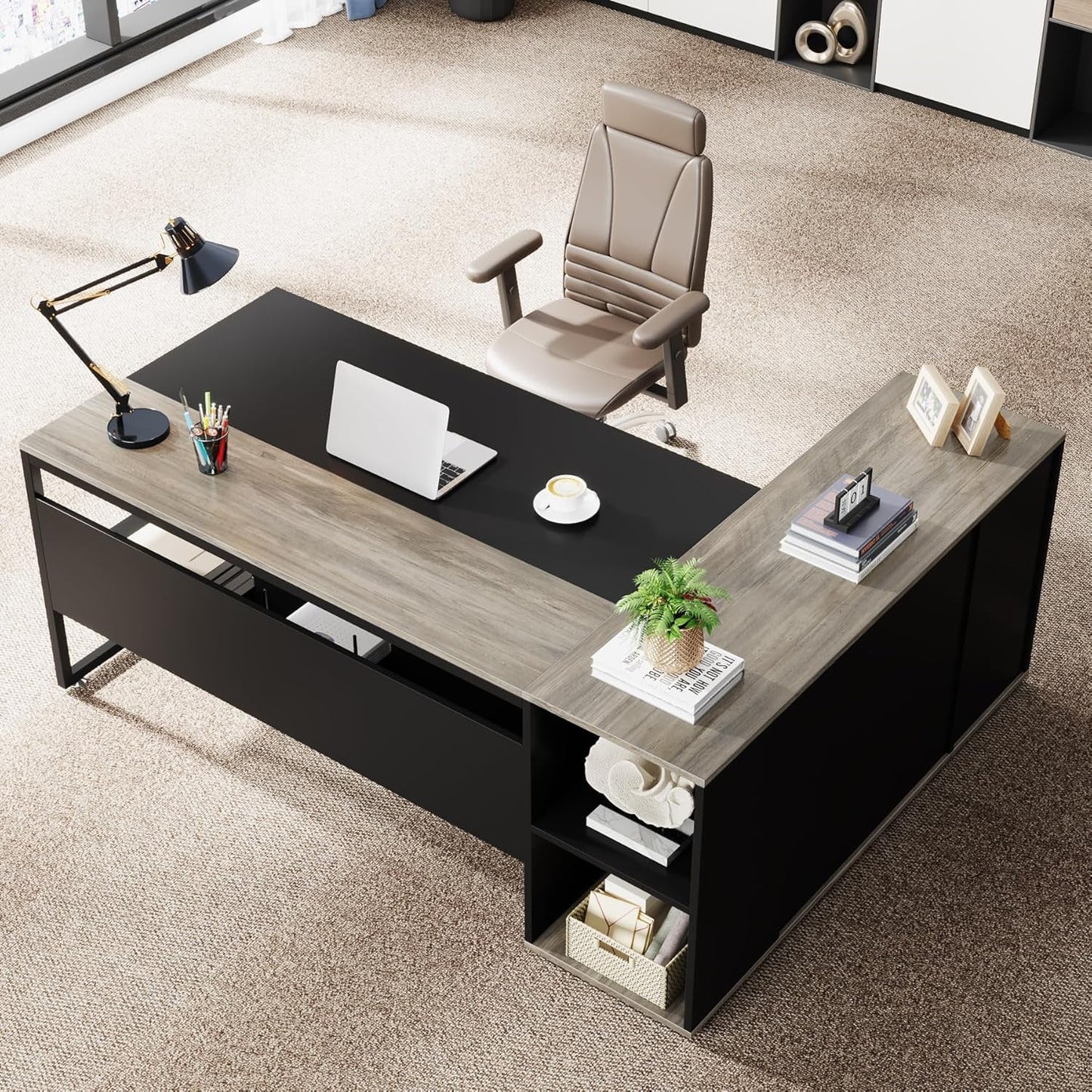 71" Gray L-Shaped Executive Desk with Storage-2