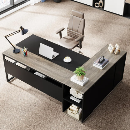 71" Gray L-Shaped Executive Desk with Storage-2