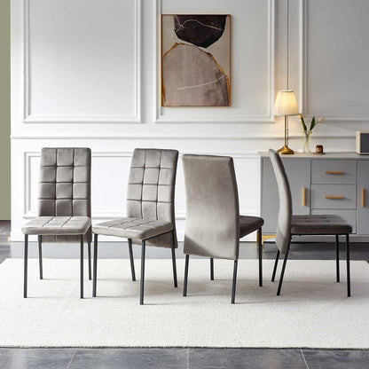 Upholstered Velvet Dining Chairs Classic Kitchen High Back Chairs Set of 4, Featured Dovetail Tufted Side Chairs, Black Metal Legs, Grey-0