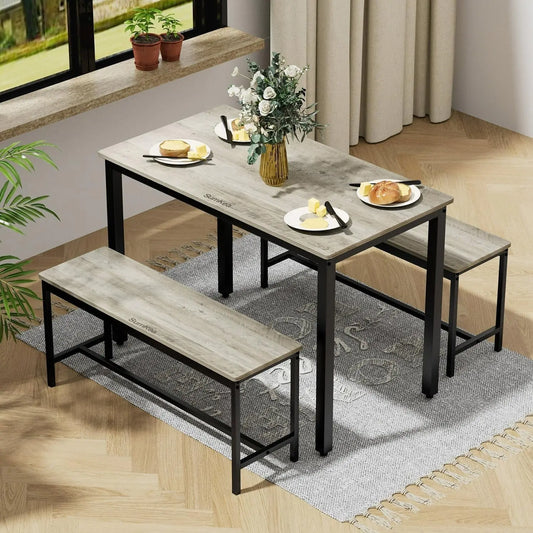 Dining Table Set for 4, Kitchen Room Table Set with 2 Benches, 3-Piece Dining Chairs Set for Breakfast Nook, Grey-0