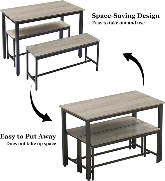 Dining Table Set for 4, Kitchen Room Table Set with 2 Benches, 3-Piece Dining Chairs Set for Breakfast Nook, Grey-1