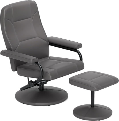 Recliner Chair with Ottoman, 360° Swivel Faux Leather Reclining Chair W/Adjustable Backrest, Footrest, Sturdy Metal Base, Upholstered Armchair for Living Room Bedroom Study, Office, Grey-0