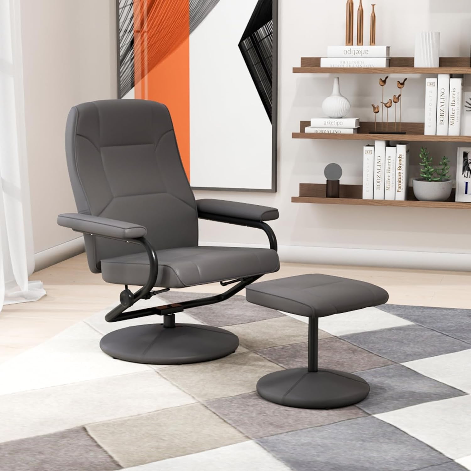 Recliner Chair with Ottoman, 360° Swivel Faux Leather Reclining Chair W/Adjustable Backrest, Footrest, Sturdy Metal Base, Upholstered Armchair for Living Room Bedroom Study, Office, Grey-1
