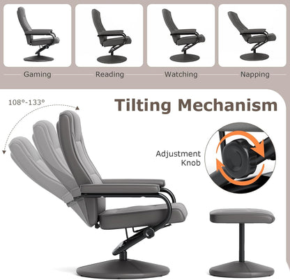 Recliner Chair with Ottoman, 360° Swivel Faux Leather Reclining Chair W/Adjustable Backrest, Footrest, Sturdy Metal Base, Upholstered Armchair for Living Room Bedroom Study, Office, Grey-2