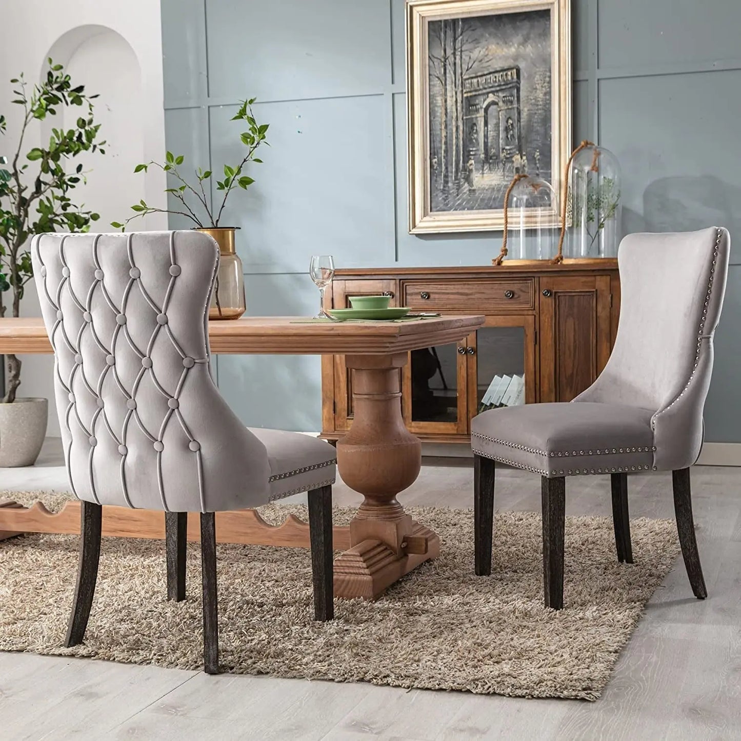 Set of 2 Light Gray Velvet Tufted Wingback Dining Side Chairs, Nailhead, Solid Wood Legs-0