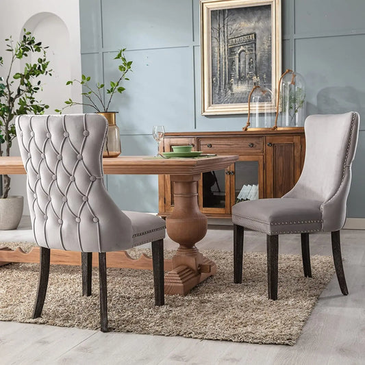 Set of 2 Light Gray Velvet Tufted Wingback Dining Side Chairs, Nailhead, Solid Wood Legs-0