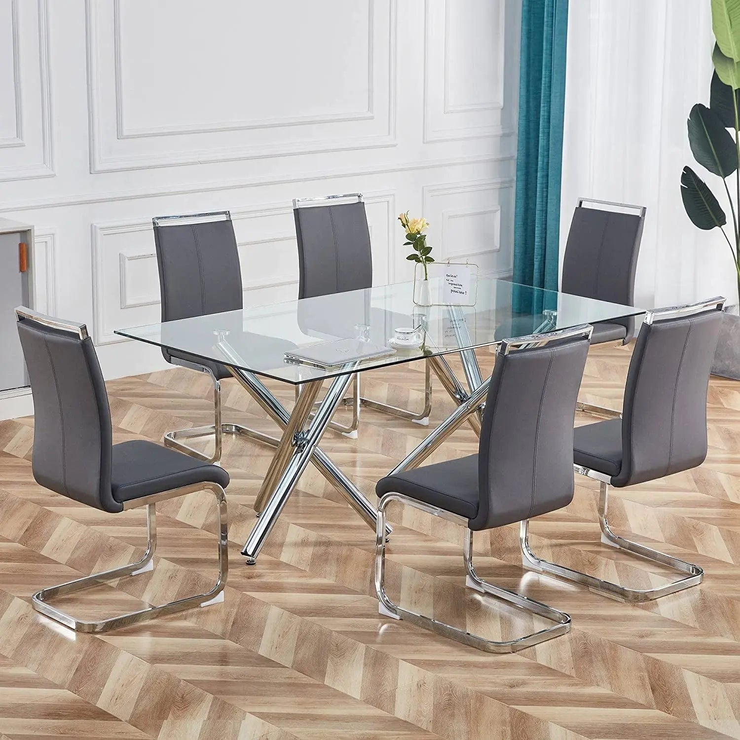 Grey Faux Leather Padded High Back Dining Chairs Set of 4-0