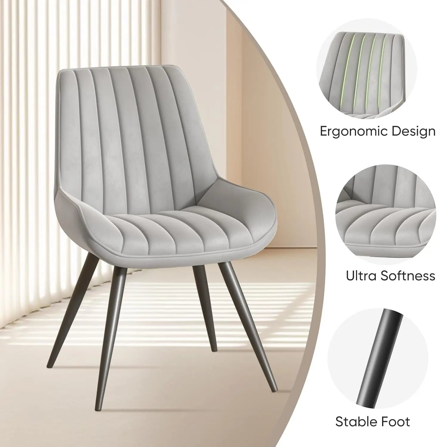Modern Dining Chairs Set of 4, Comfy Dining Room Chairs with Thick Cushions, Upholstered Fabric Kitchen Side Chairs with Metal Legs, Grey-2