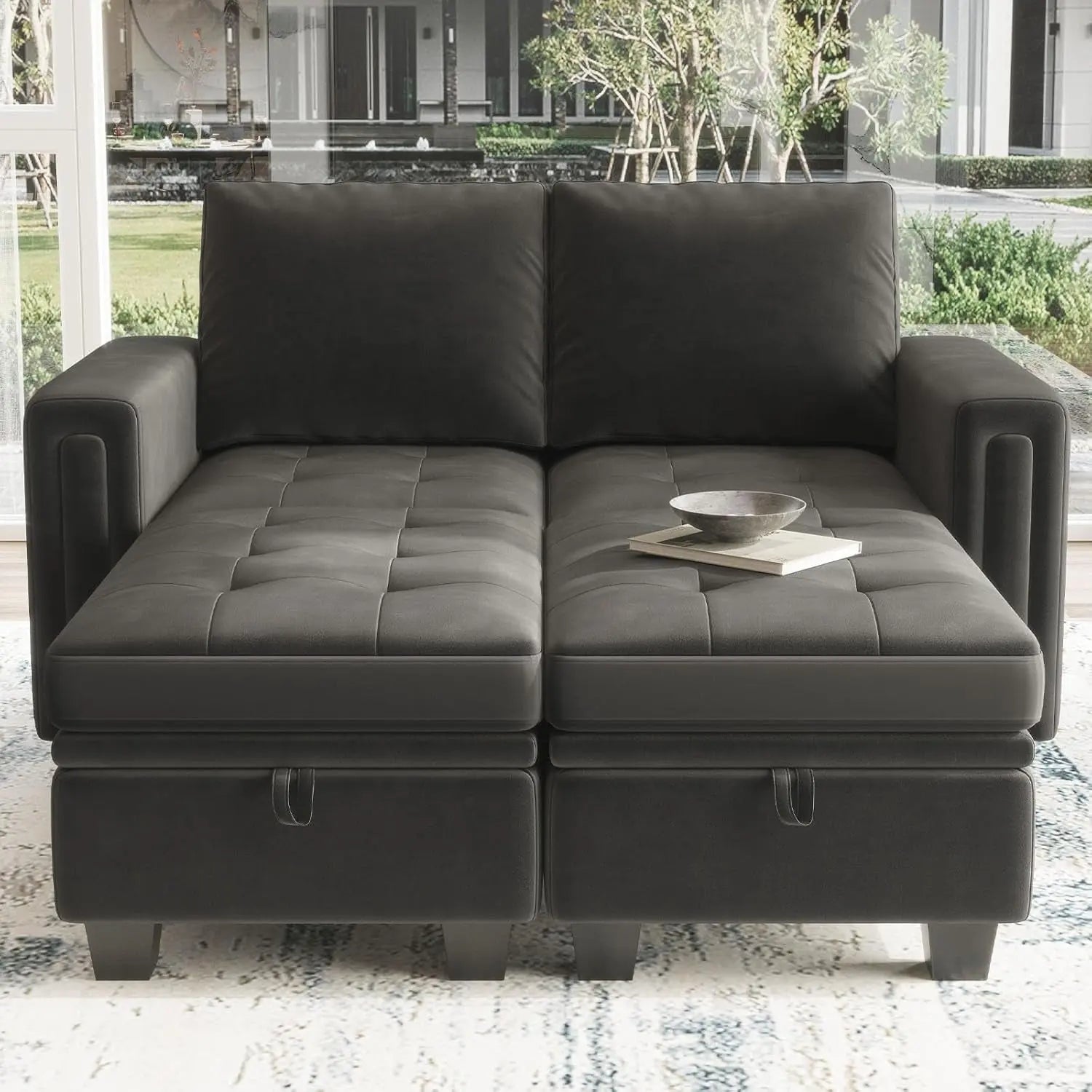 Velvet Modular Sectional Sofa Couch with Storage Convertible Sectional Sleeper Sofa Couch Bed Set with Reversible Chaise Grey-4