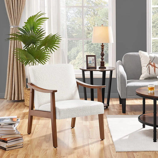 Mid-Century Modern Ivory Accent Chair with Wood Legs-0
