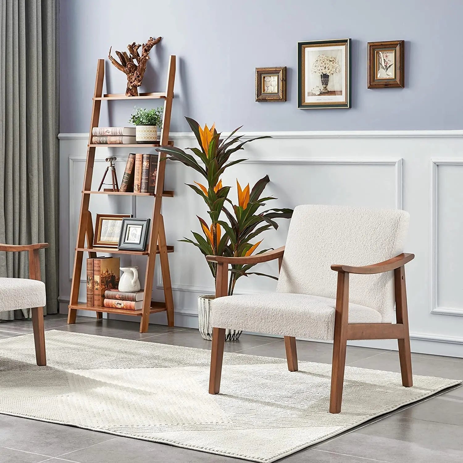 Mid-Century Modern Ivory Accent Chair with Wood Legs-3