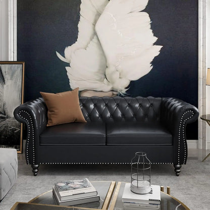 2 Piece Living Room Set, Chesterfield Leather Sofa Couch Chair with Scroll Arms and Nailhead for Living Room, Office (Black)-1