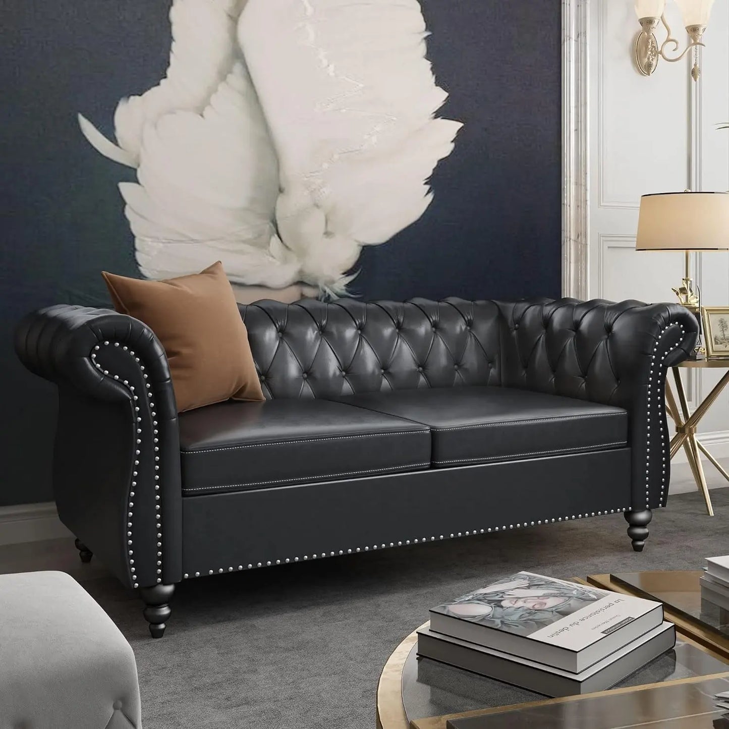 2 Piece Living Room Set, Chesterfield Leather Sofa Couch Chair with Scroll Arms and Nailhead for Living Room, Office (Black)-3