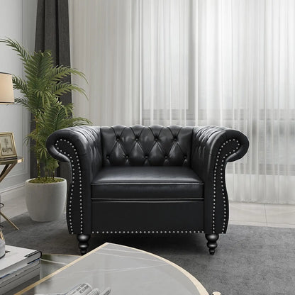 2 Piece Living Room Set, Chesterfield Leather Sofa Couch Chair with Scroll Arms and Nailhead for Living Room, Office (Black)-4