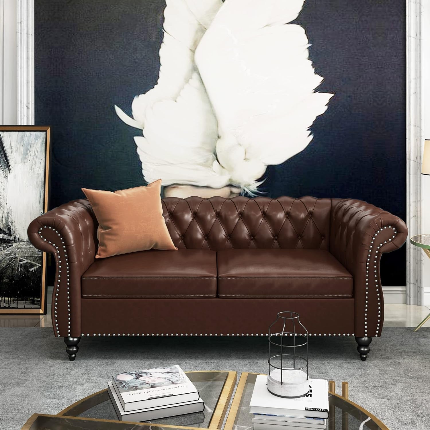 3 Piece Living Room Set, Chesterfield Leather Sofa Loveseat Couch Chair with Scroll Arms and Nailhead for Living Room, Office (Dark Brown)-3