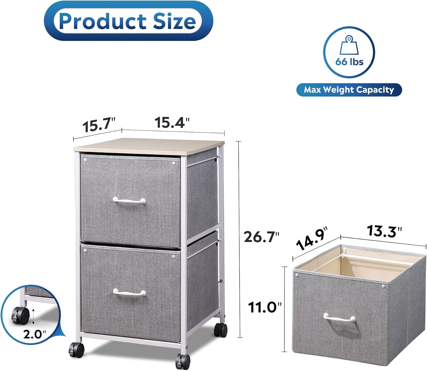 2 Drawer Mobile File Cabinet, Rolling Printer Stand, Fabric Vertical Filing Cabinet Fits A4 or Letter Size for Home Office, Light Grey-2