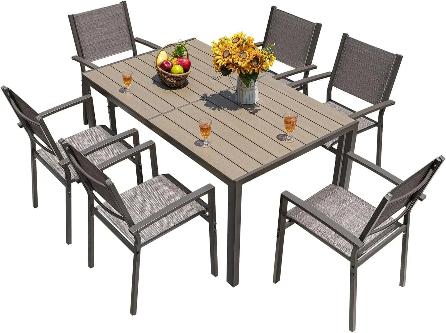 Patio Dining Set 7 Pieces Outdoor Furniture Table and 6 Textilene Chairs, Light Grey-0
