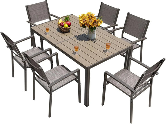 Patio Dining Set 7 Pieces Outdoor Furniture Table and 6 Textilene Chairs, Light Grey-0