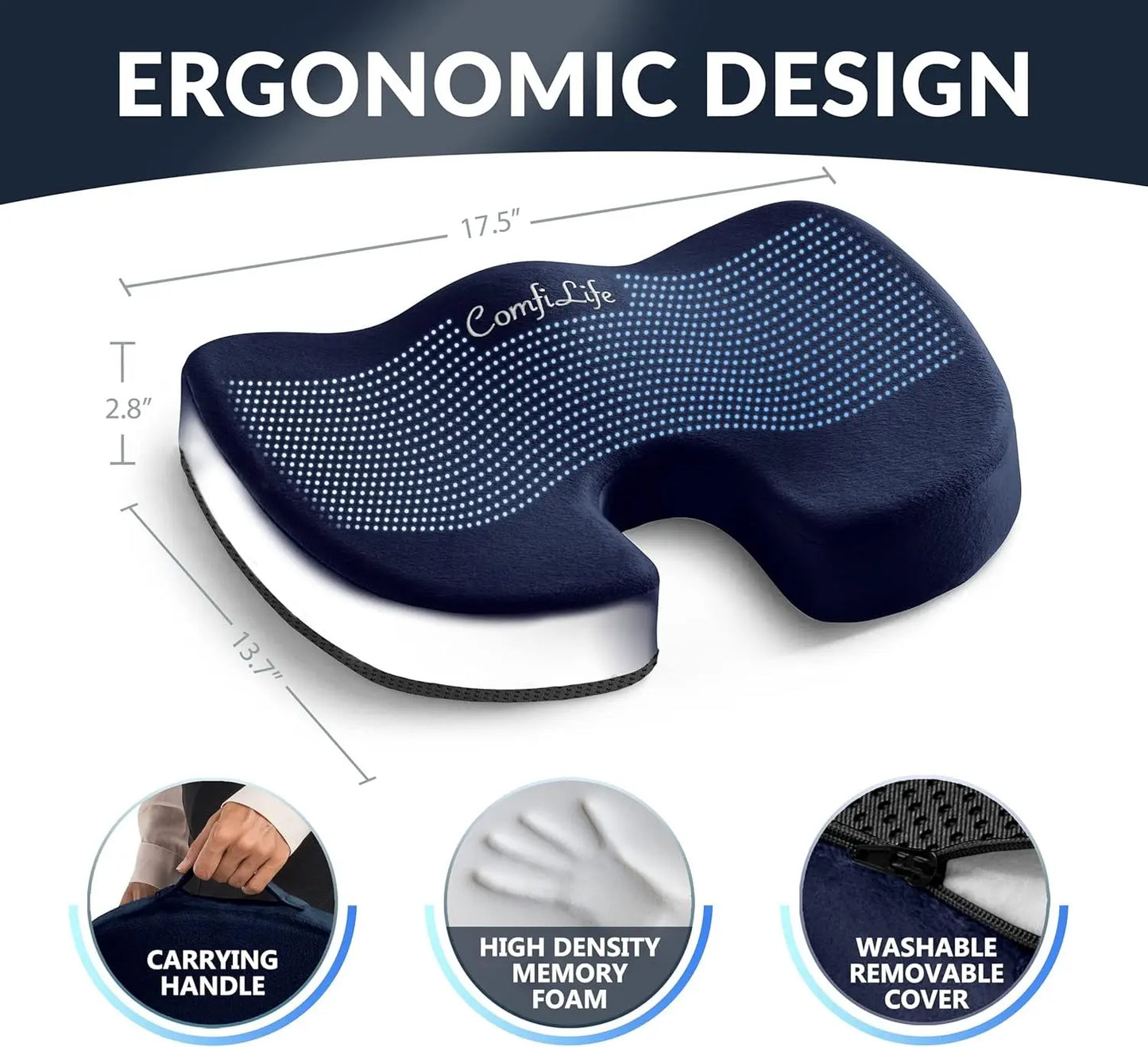 Gel Enhanced Seat Cushion – Office Chair Cushion – Non-Slip Gel & Memory Foam Coccyx Cushion for Tailbone Pain - Desk Chair Car Seat Cushion Driving - Sciatica & Back Pain Relief (Navy)-4