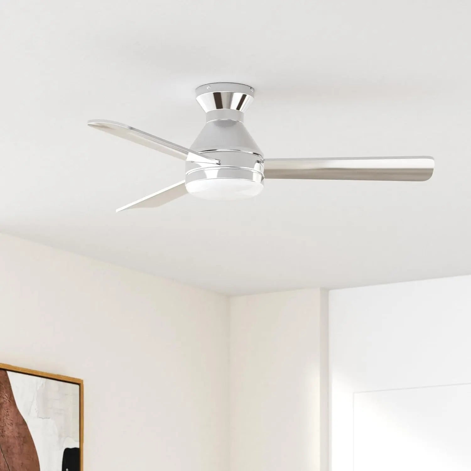 Ceiling Fans with Lights, 42 Inch Low Profile Ceiling Fan with Light and Remote Control, Flush Mount, Reversible, 3CCT, Dimmable, Noiseless, Nickel Ceiling Fan for Bedroom, Indoor/Outdoor Use-0