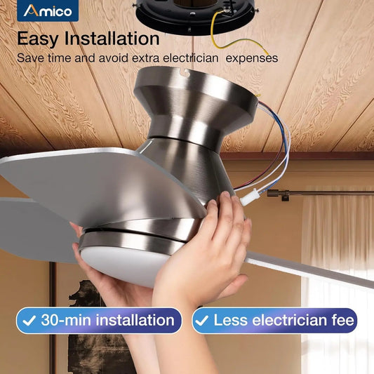 Ceiling Fans with Lights, 42 Inch Low Profile Ceiling Fan with Light and Remote Control, Flush Mount, Reversible, 3CCT, Dimmable, Noiseless, Nickel Ceiling Fan for Bedroom, Indoor/Outdoor Use-1