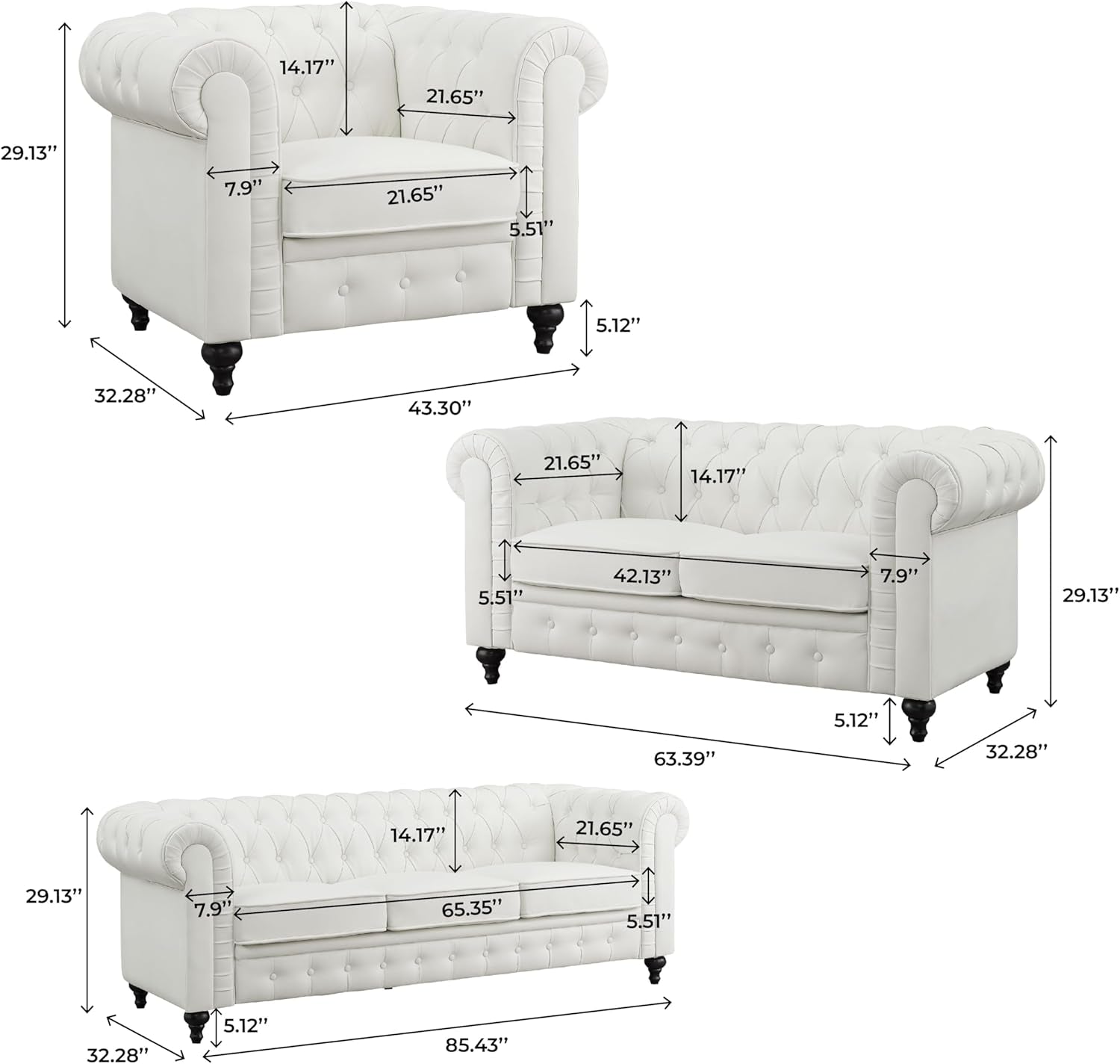 Emery Chesterfield 3 Piece Living Room Sectional Sofa Set Rolled Arms, Tufted Cushion Sofas for Living Room Set Includes Sofa, Loveseat Couch, Accent Arm Chair / Easy Tool-Free Assembly – off White-1