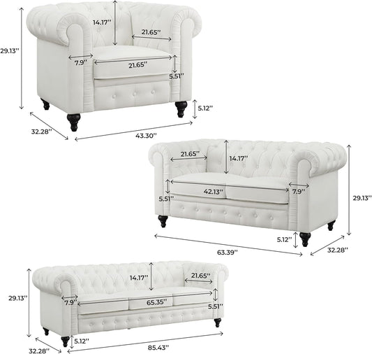 Emery Chesterfield 3 Piece Living Room Sectional Sofa Set Rolled Arms, Tufted Cushion Sofas for Living Room Set Includes Sofa, Loveseat Couch, Accent Arm Chair / Easy Tool-Free Assembly – off White-1