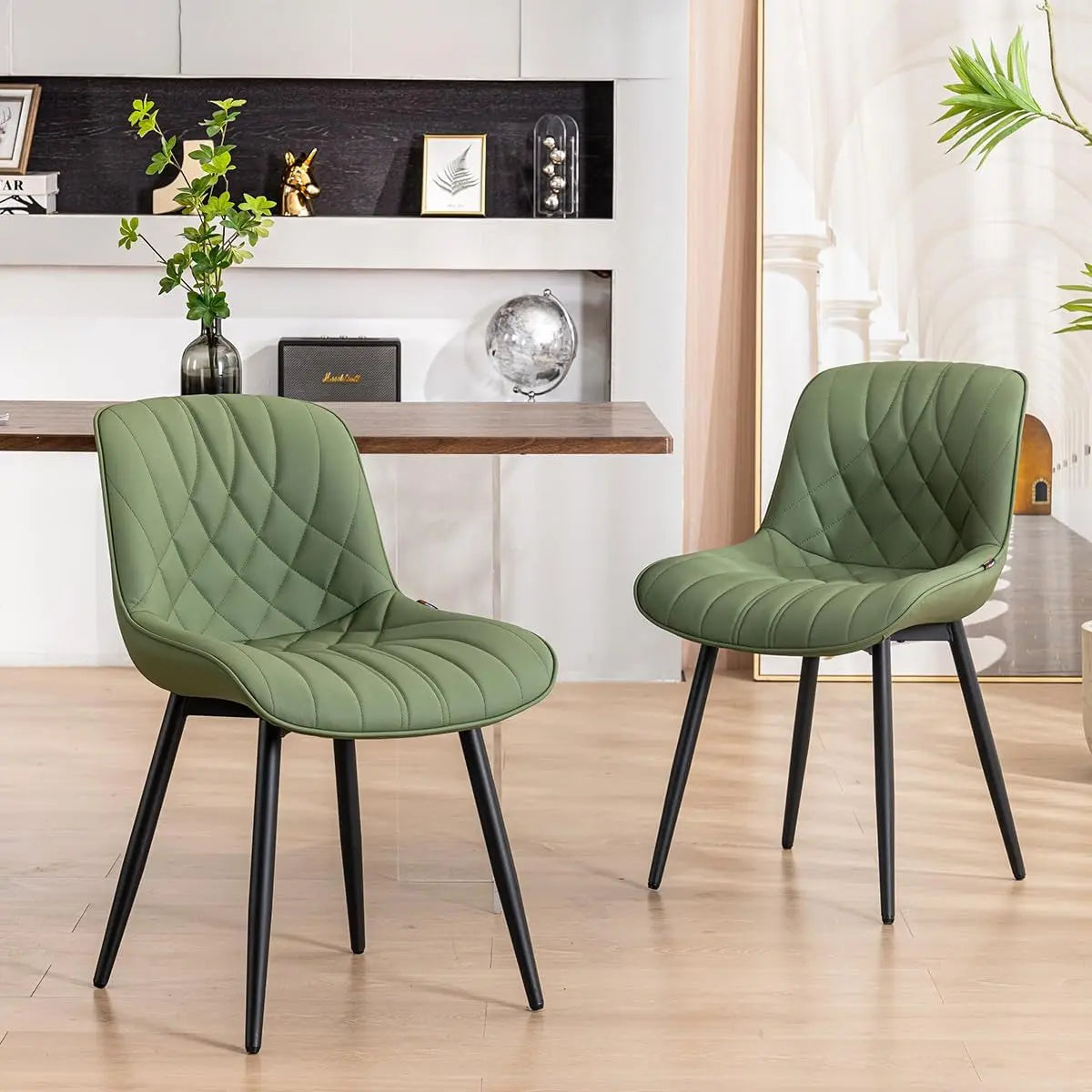 Dining Chairs Set of 2 Mid Century Modern Kitchen Chair Comfortable Upholstered Faux Leather Dinner Chairs for Kitchen Dining Room, Olive-2