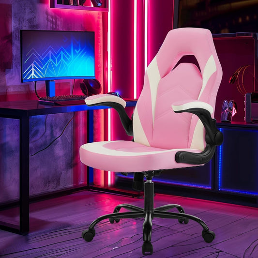 Computer Gaming Desk Chair - Pink Ergonomic Office Executive Adjustable Swivel Task PU Leather Racing Chair with Flip-Up Armrest for Adults, Kids, Men, Girls, Gamer, White Pink-1