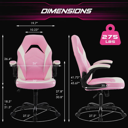 Computer Gaming Desk Chair - Pink Ergonomic Office Executive Adjustable Swivel Task PU Leather Racing Chair with Flip-Up Armrest for Adults, Kids, Men, Girls, Gamer, White Pink-2