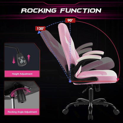 Computer Gaming Desk Chair - Pink Ergonomic Office Executive Adjustable Swivel Task PU Leather Racing Chair with Flip-Up Armrest for Adults, Kids, Men, Girls, Gamer, White Pink-3