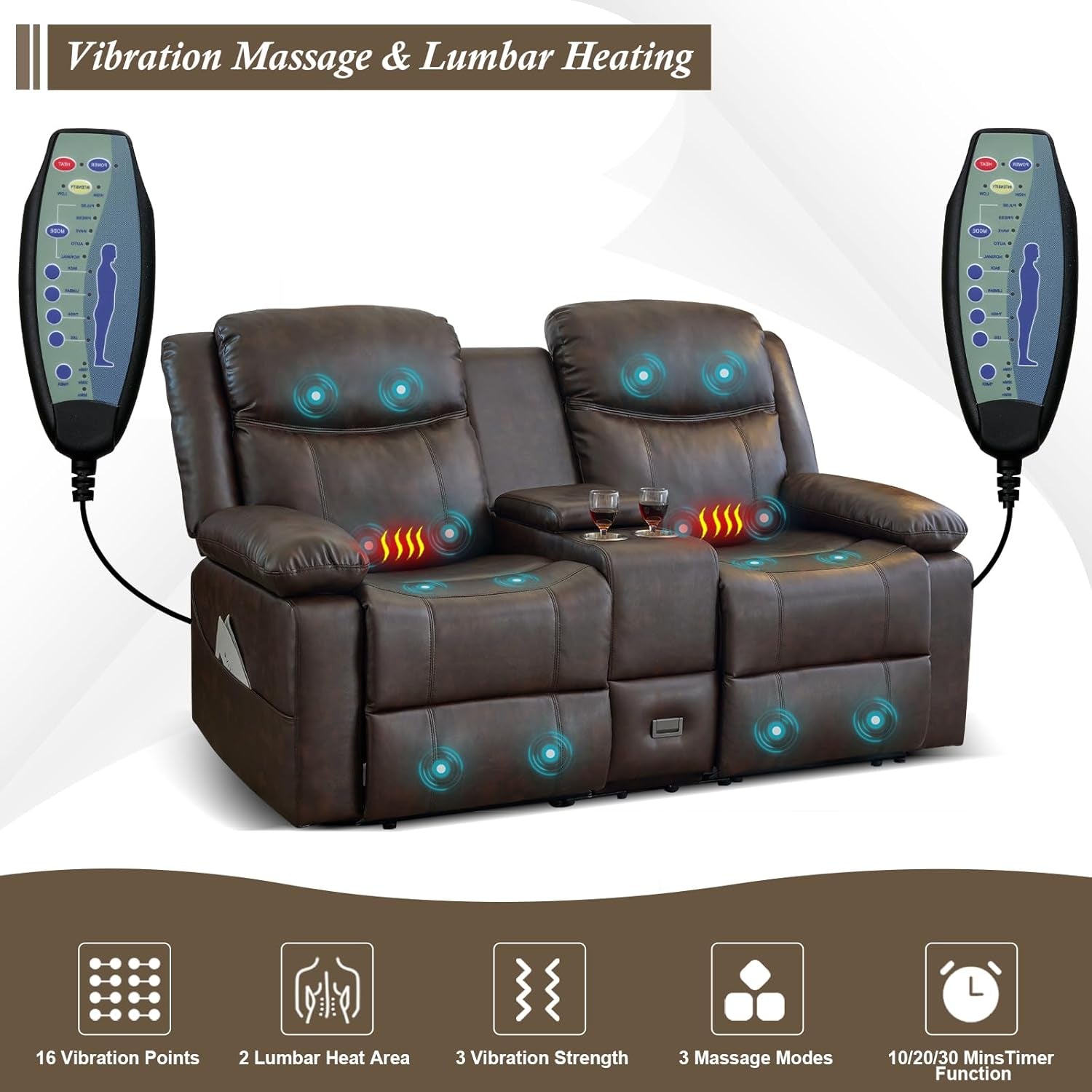 Loveseat Recliner, Reclining Loveseat with Console, Double Reclining Loveseat, 2 Seater Manual Reclining Couch for Living Room, Office, Home Theater(Pu-Brown)-2